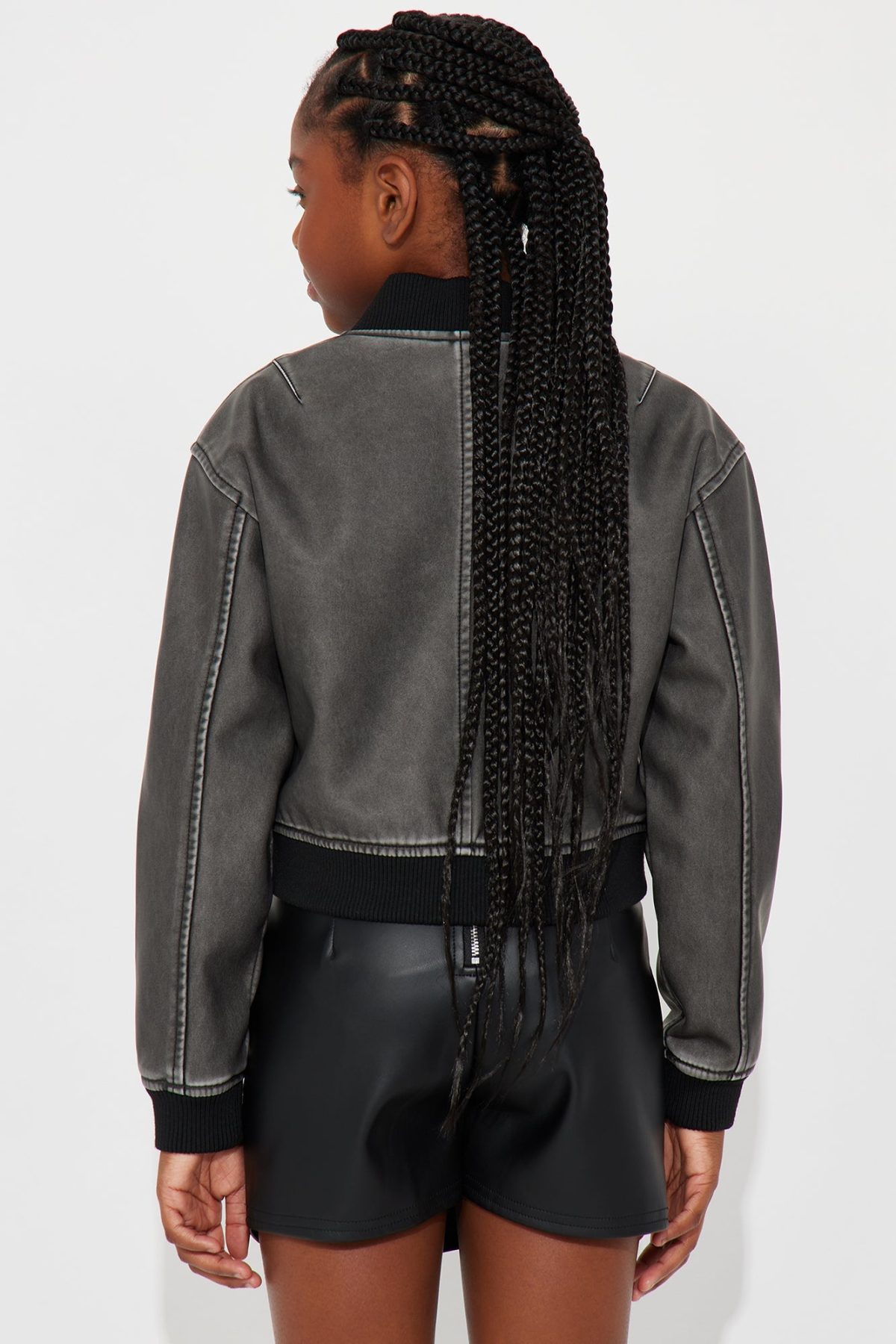 Mini Still Fly Washed Faux Leather Bomber Jacket - Charcoal