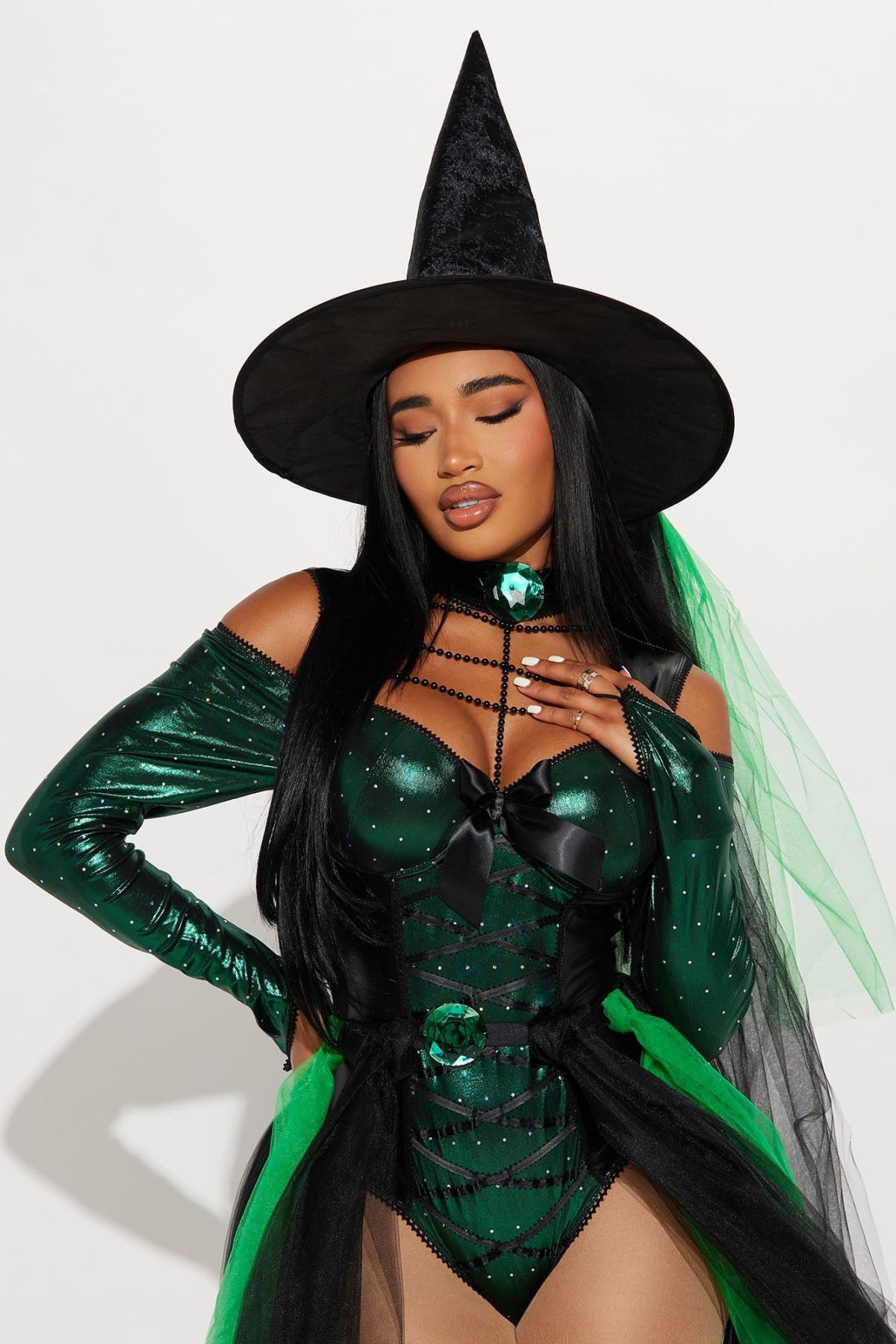 Green Emerald Witch 3 Piece Costume Set - Green/combo