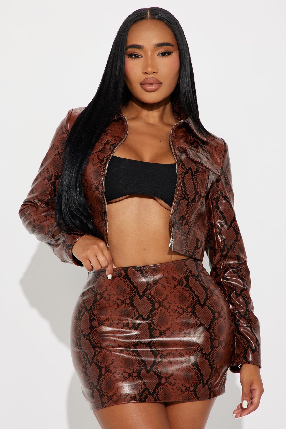 Miranda Snake Print Faux Leather Skirt Set - Brown/combo