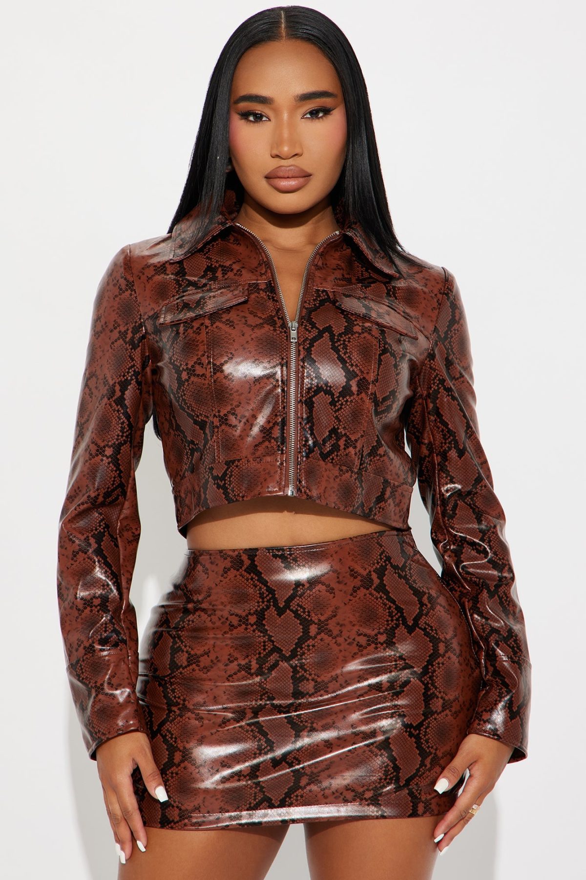 Miranda Snake Print Faux Leather Skirt Set - Brown/combo