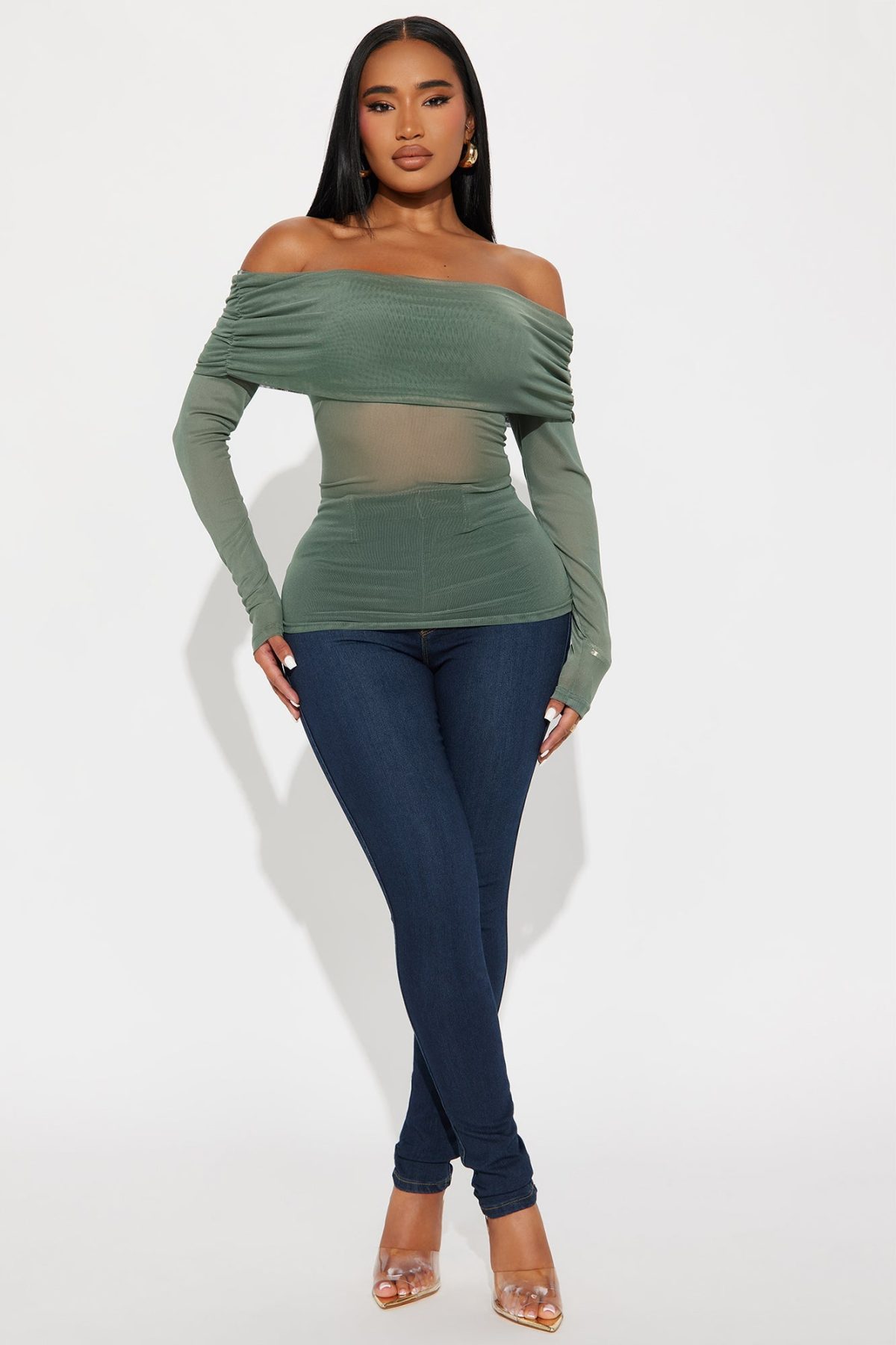 Gina Off Shoulder Mesh Top - Olive