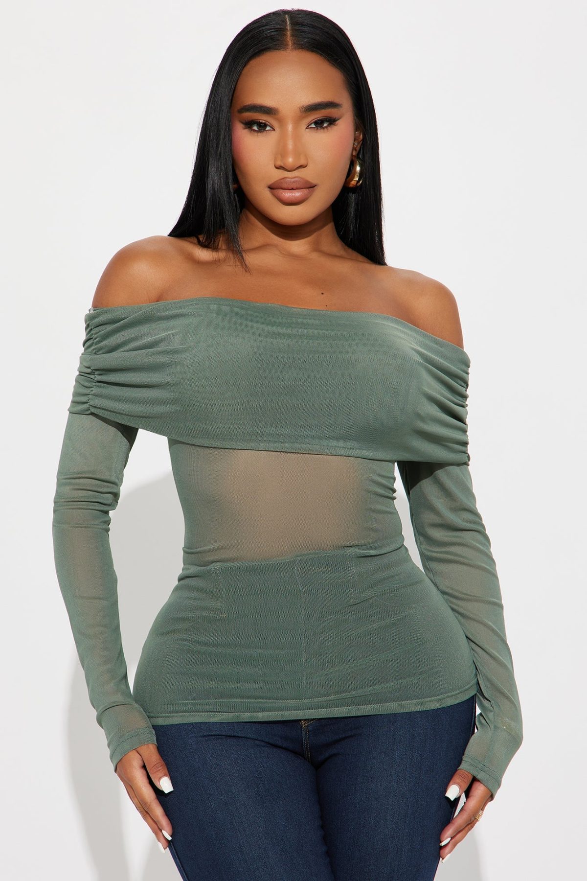 Gina Off Shoulder Mesh Top - Olive