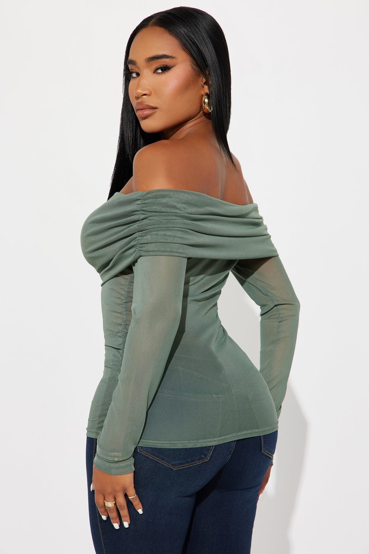 Gina Off Shoulder Mesh Top - Olive