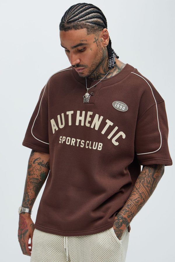 Athletics Sports Club Short Sleeve Henley - Brown