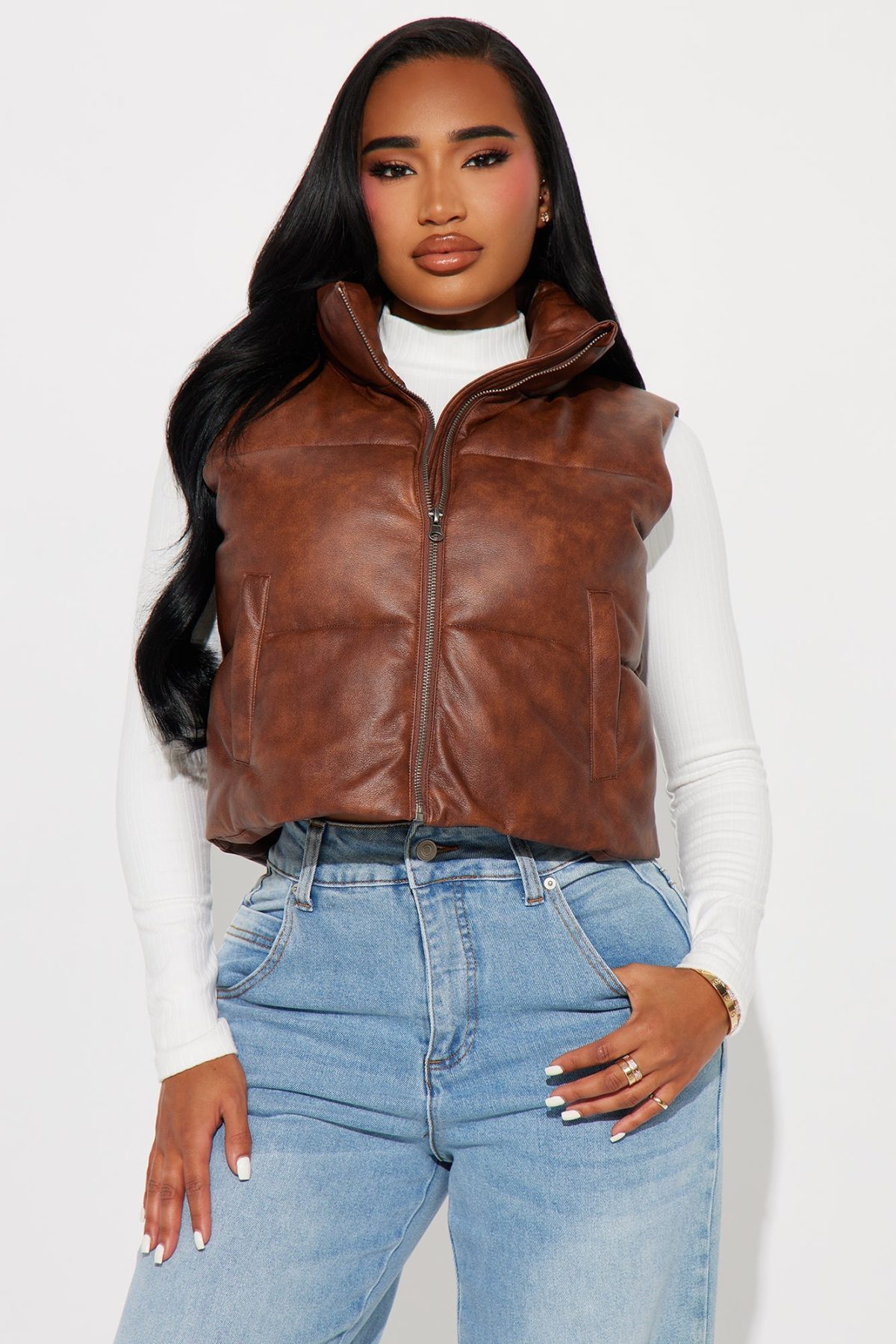 New Era Washed Faux Leather Vest - Brown