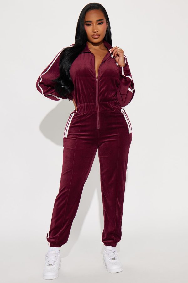 Track Star Velour Jumpsuit - Wine