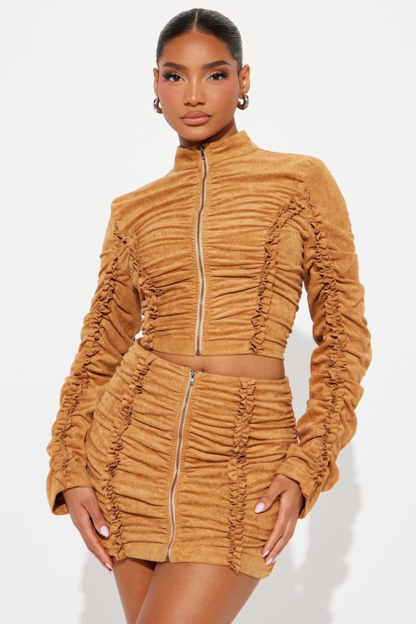 Kiara Ruched Faux Suede Skirt Set - Camel