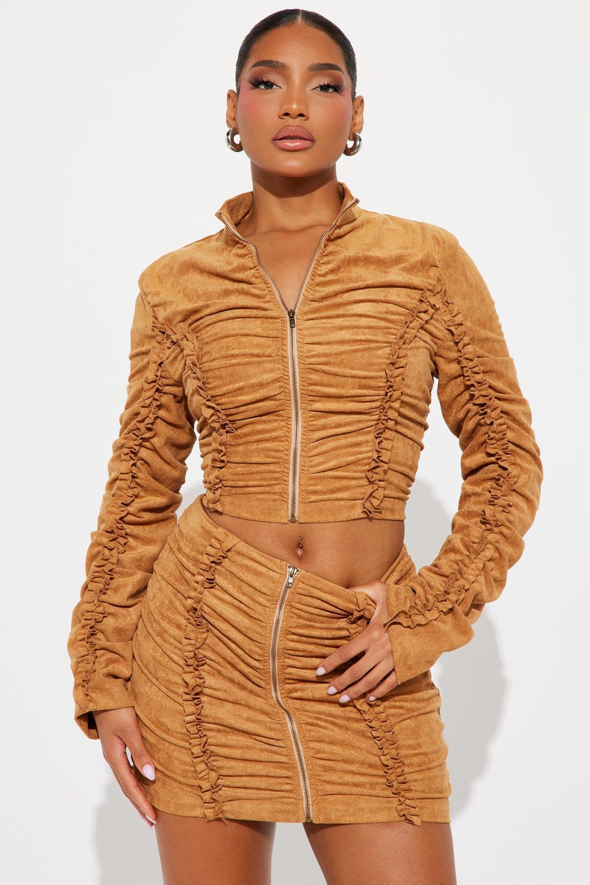 Kiara Ruched Faux Suede Skirt Set - Camel