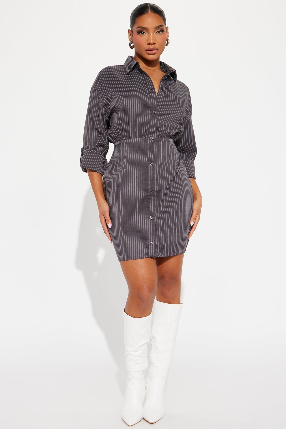 In Her Bag Mini Shirt Dress - Charcoal