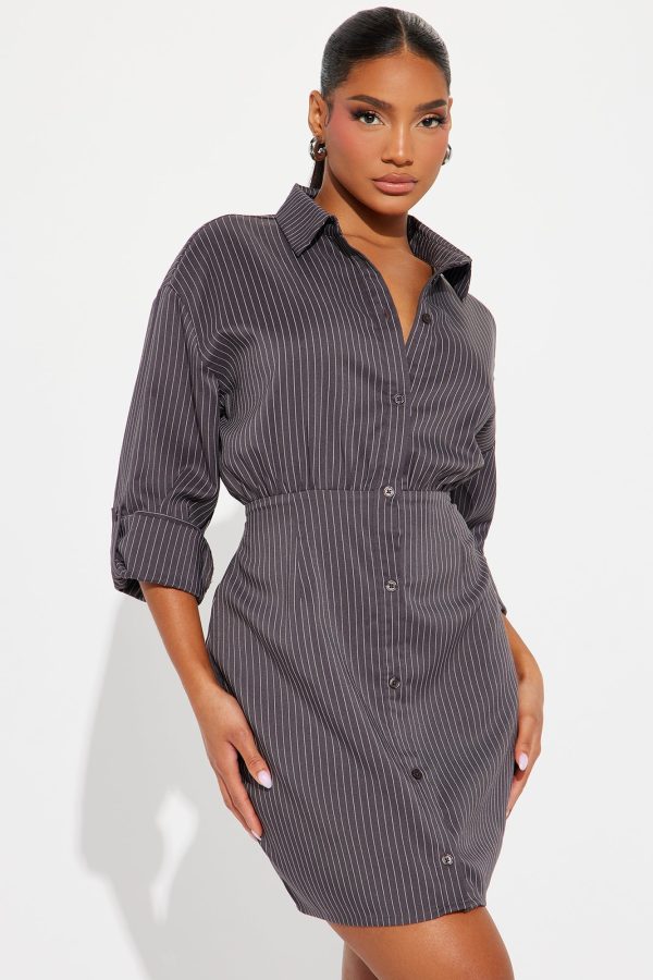 In Her Bag Mini Shirt Dress - Charcoal