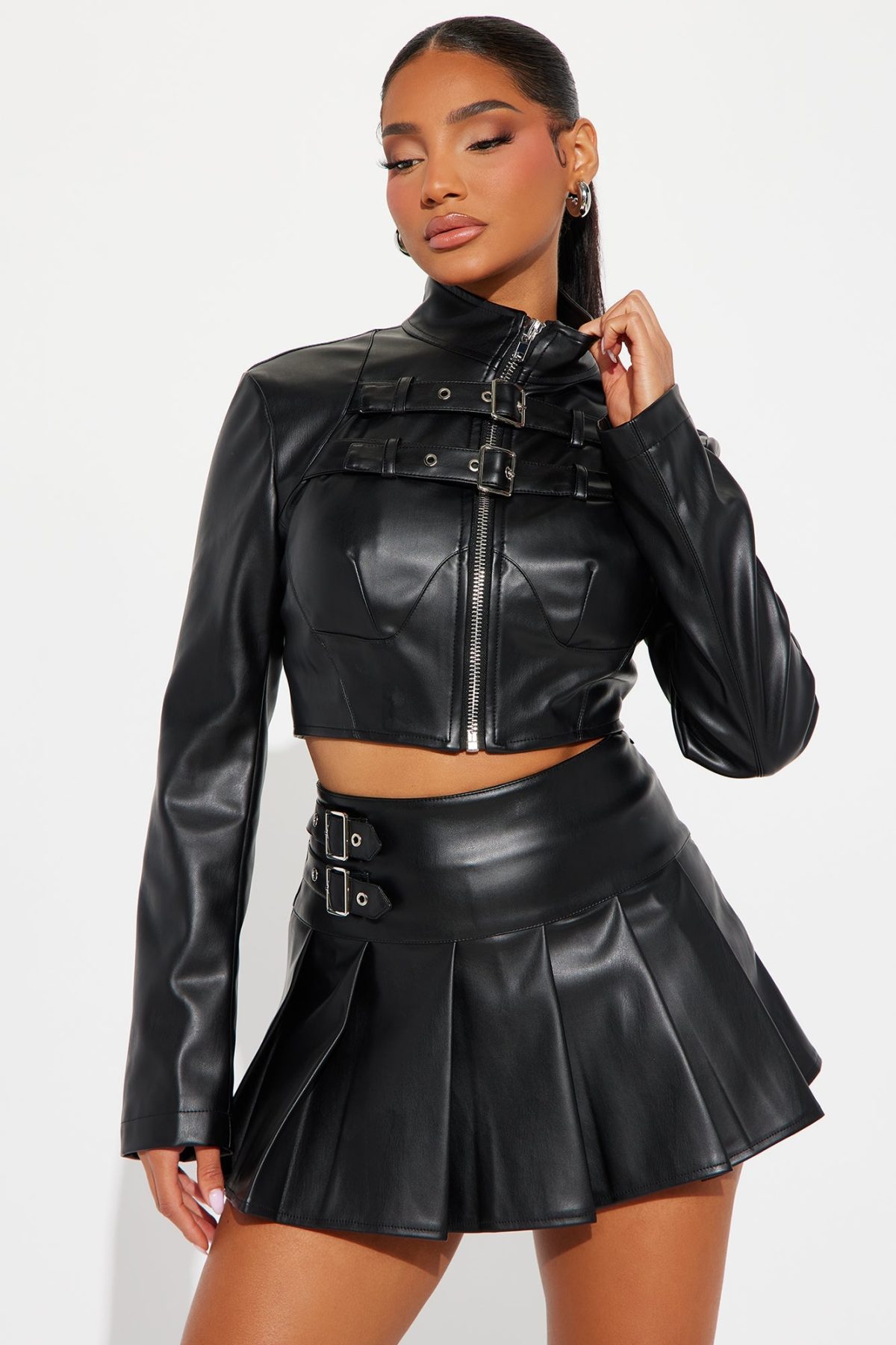 Sofia Faux Leather Pleated Skirt Set - Black