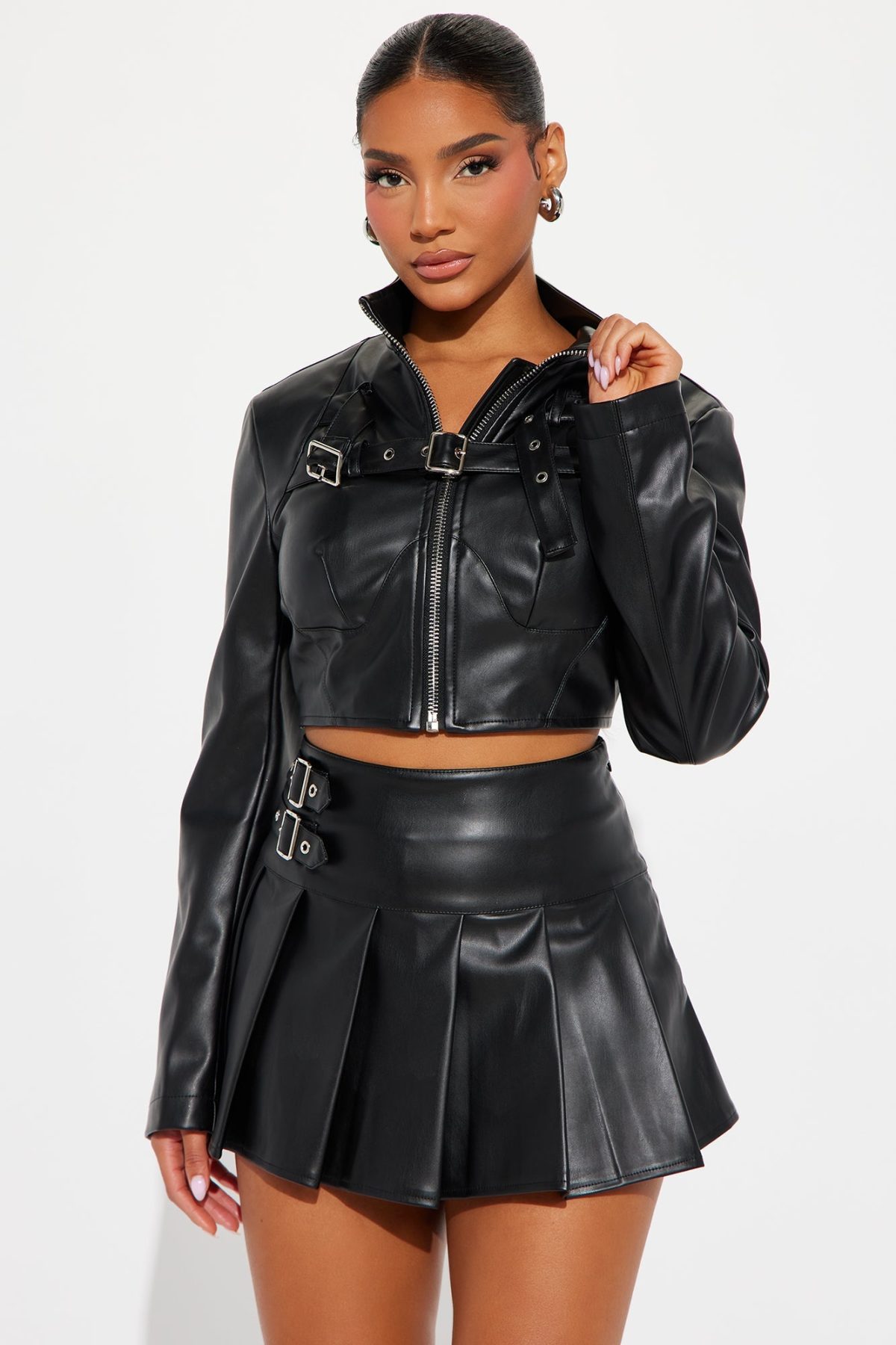 Sofia Faux Leather Pleated Skirt Set - Black