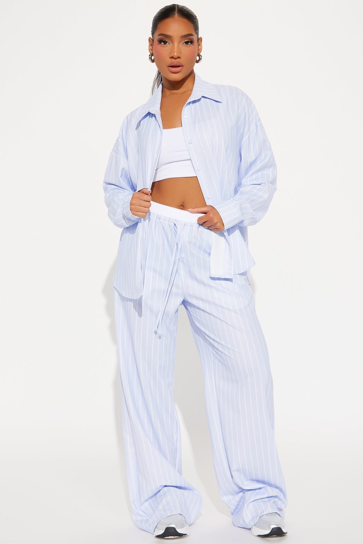 Leila Striped Boxer Pant Set - Light Blue