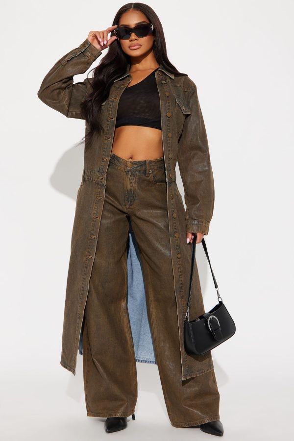 Play It Off Coated Denim Trench Coat - Brown