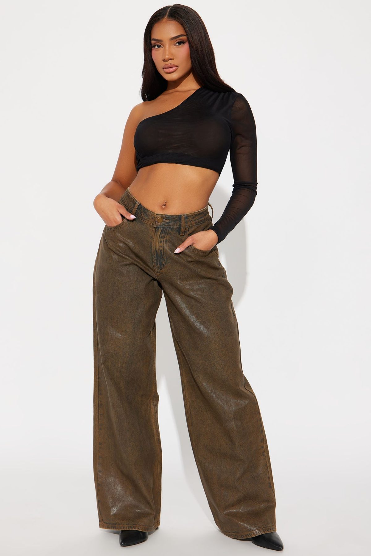 Play It Off Coated Wide Leg Jeans - Brown