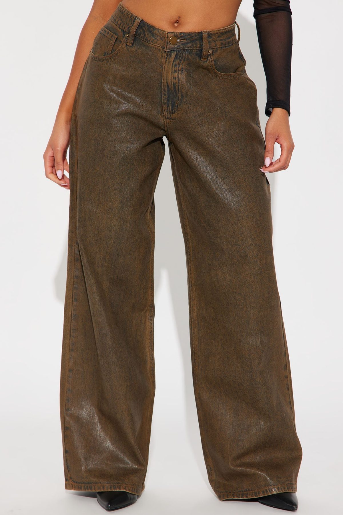 Play It Off Coated Wide Leg Jeans - Brown