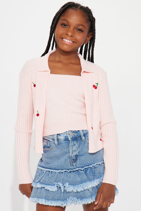 Mini Picking Cherries Cardigan With Tank Set - Pink