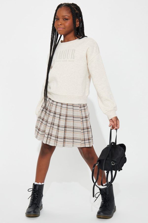 Mini L'Amour Vibes Pullover Sweatshirt and Skirt Set - Oatmeal