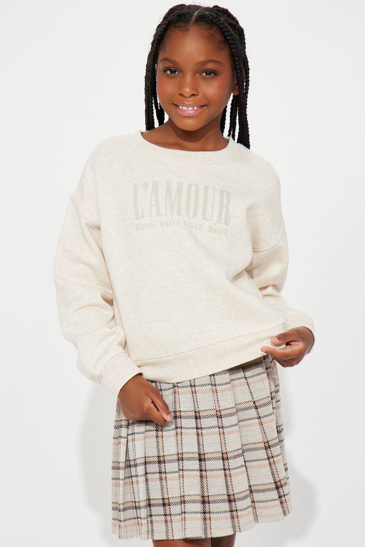 Mini L'Amour Vibes Pullover Sweatshirt and Skirt Set - Oatmeal