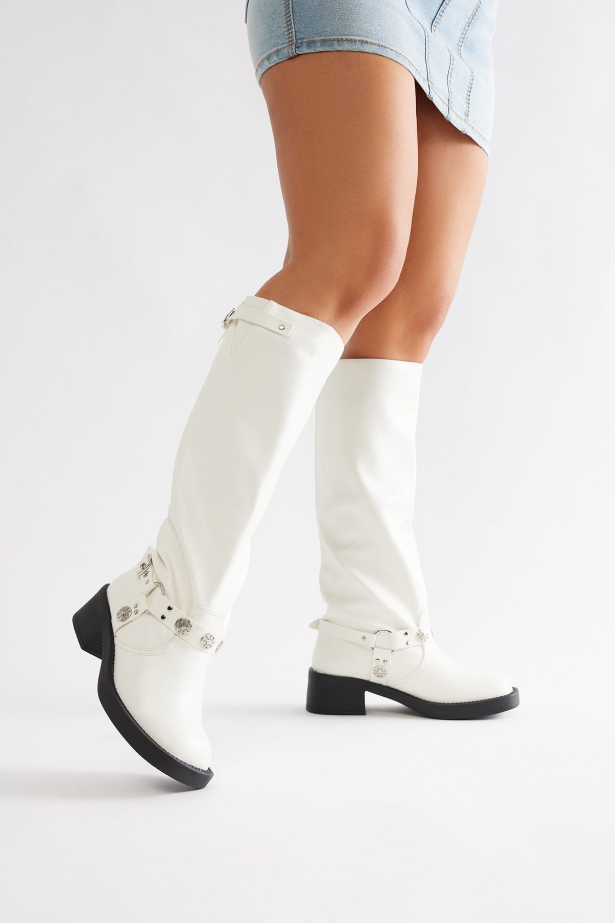 Marrakech Buckle Knee High Boots - White