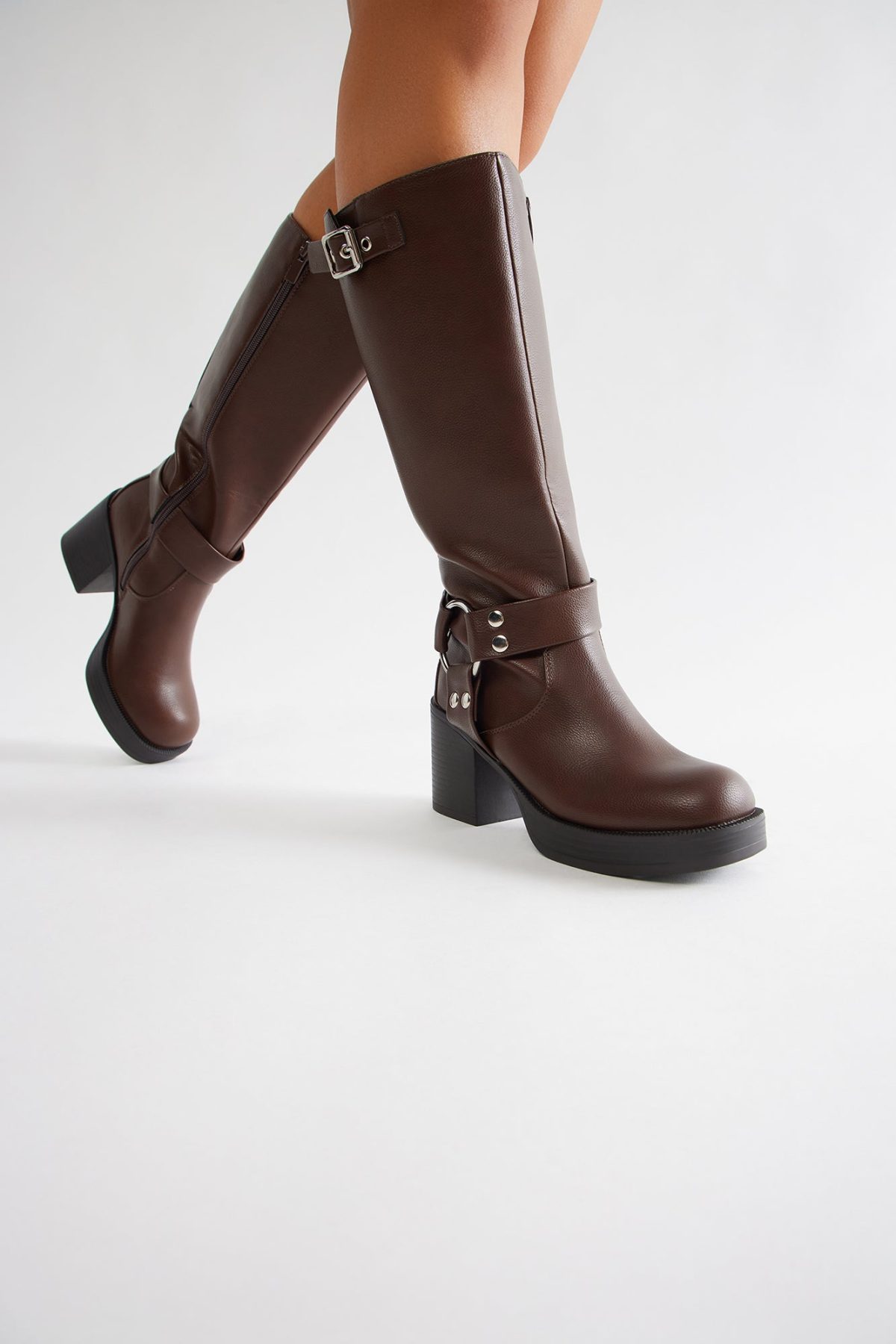 Arden Buckle Knee High Boots - Chocolate