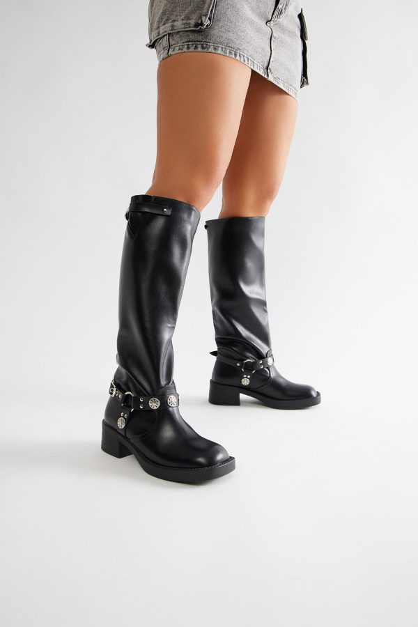 Marrakech Buckle Knee High Boots - Black