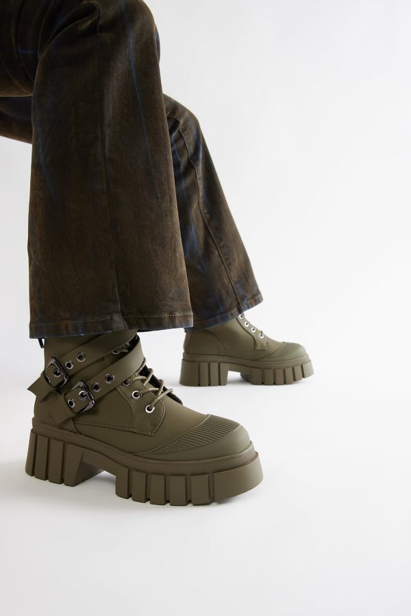 Never Over Buckle Combat Boots - Olive