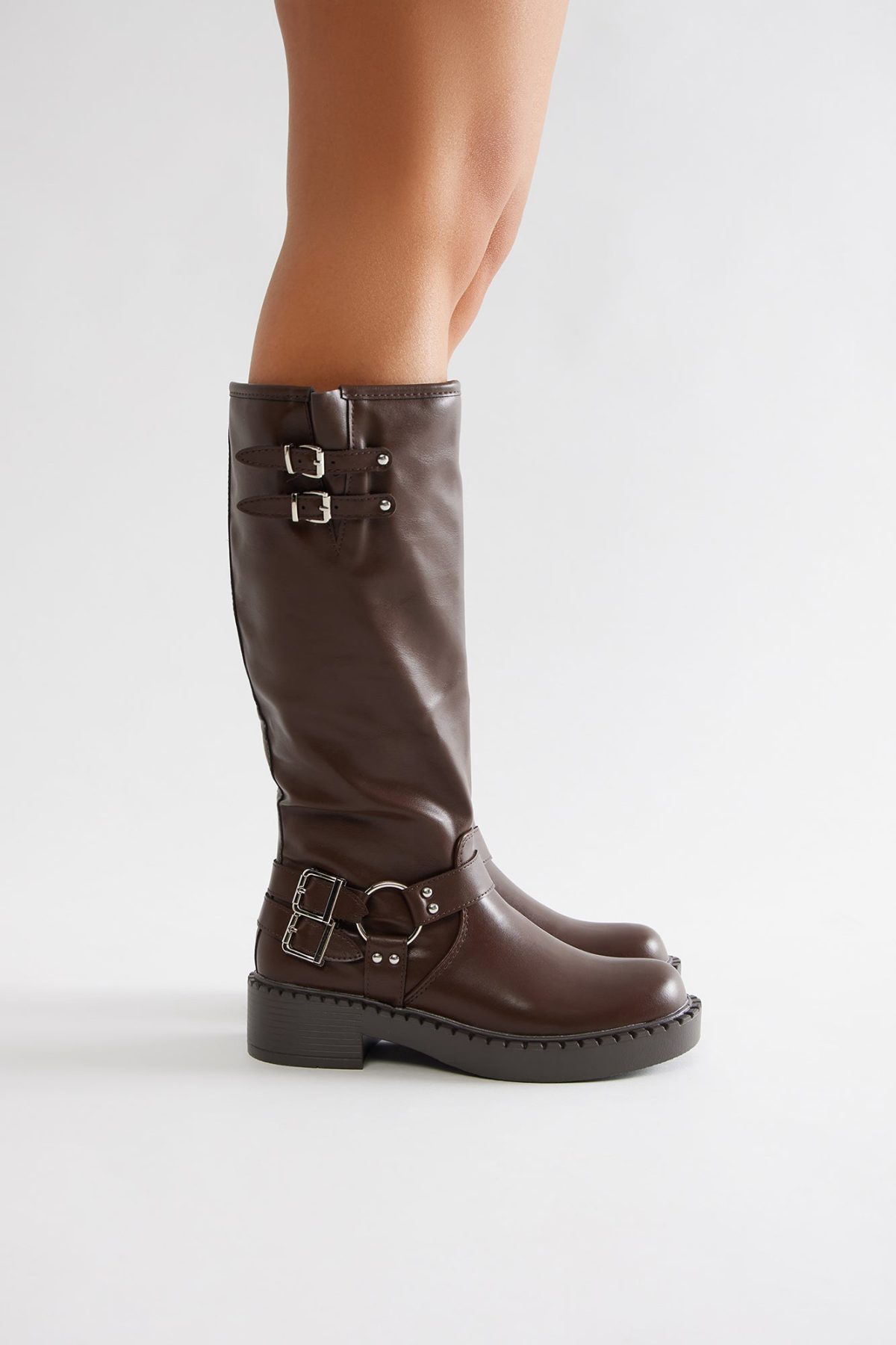 Miles Buckle Knee High Boots - Brown