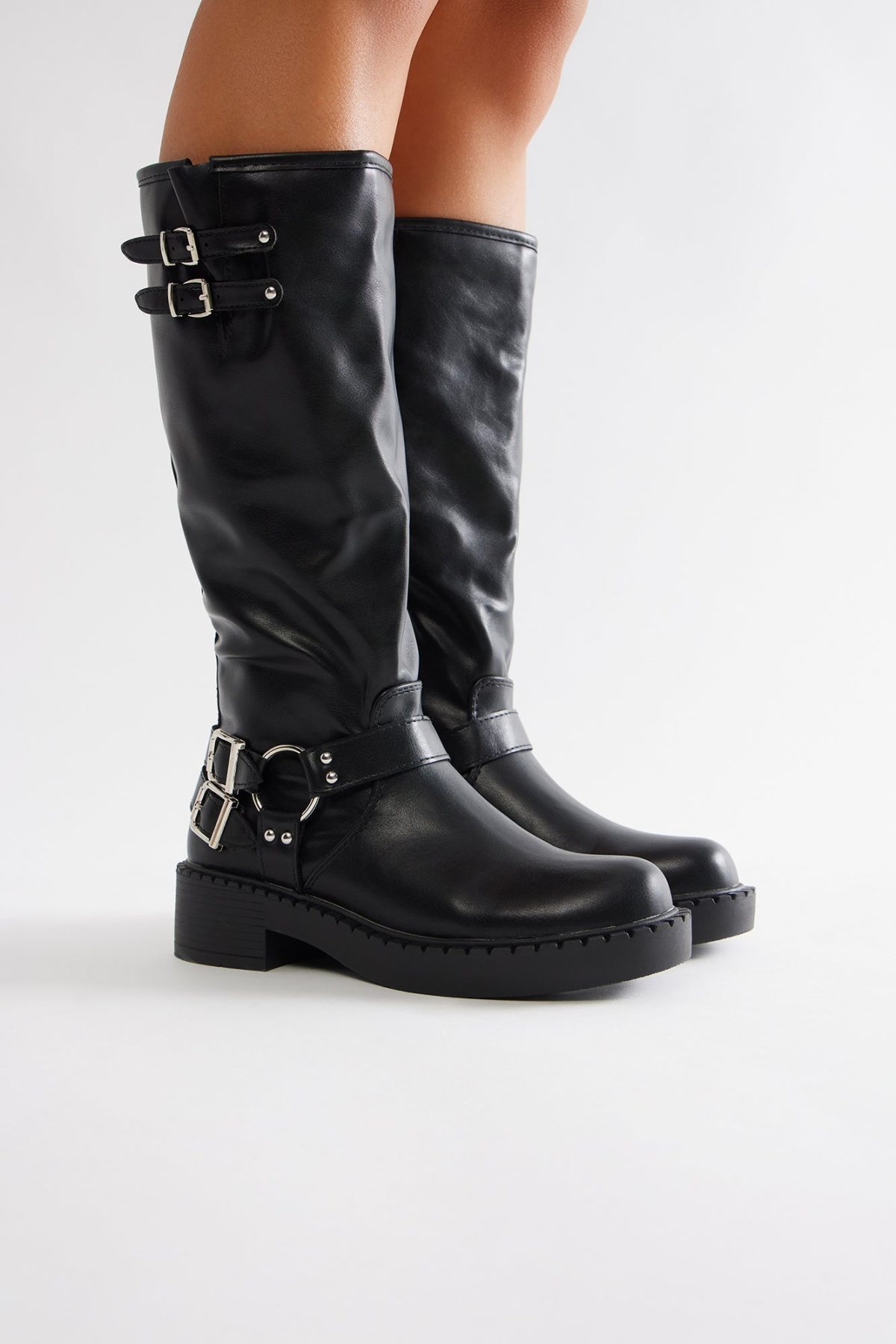 Miles Buckle Knee High Boots - Black