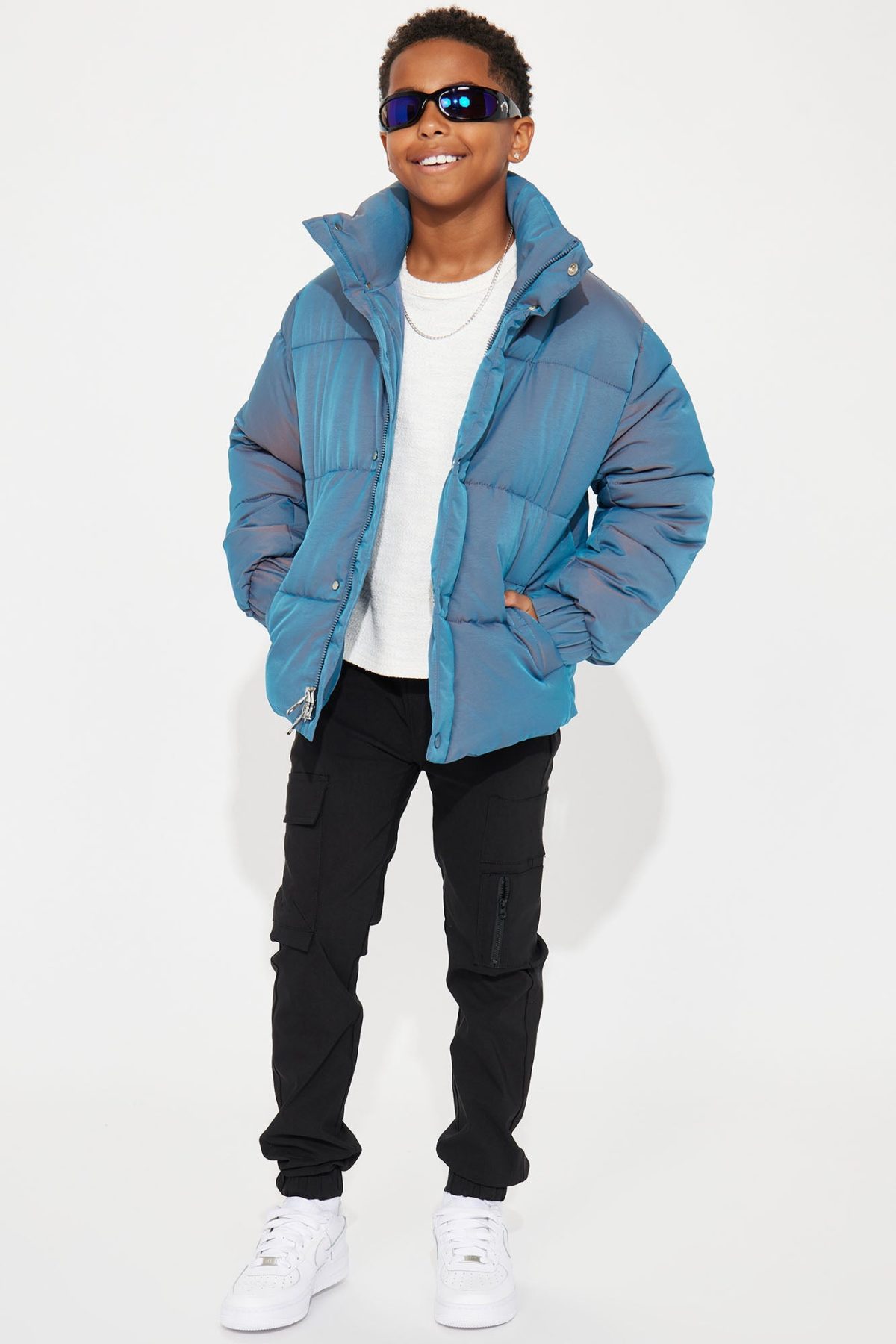 Mini Stormy Iridescent Nylon Puffer Jacket - Blue